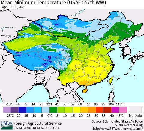 China, Mongolia and Taiwan Mean Minimum Temperature (USAF 557th WW) Thematic Map For 4/10/2023 - 4/16/2023