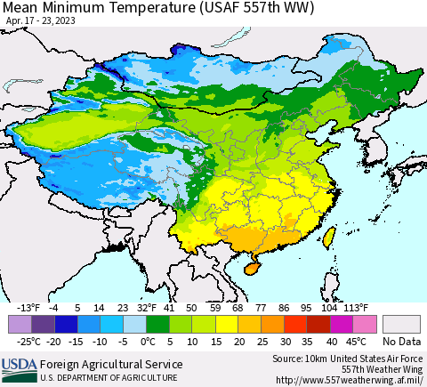 China, Mongolia and Taiwan Mean Minimum Temperature (USAF 557th WW) Thematic Map For 4/17/2023 - 4/23/2023