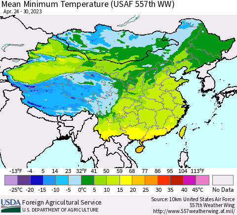 China, Mongolia and Taiwan Mean Minimum Temperature (USAF 557th WW) Thematic Map For 4/24/2023 - 4/30/2023