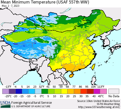 China, Mongolia and Taiwan Mean Minimum Temperature (USAF 557th WW) Thematic Map For 5/1/2023 - 5/7/2023