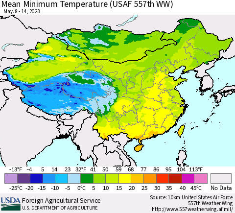 China, Mongolia and Taiwan Mean Minimum Temperature (USAF 557th WW) Thematic Map For 5/8/2023 - 5/14/2023