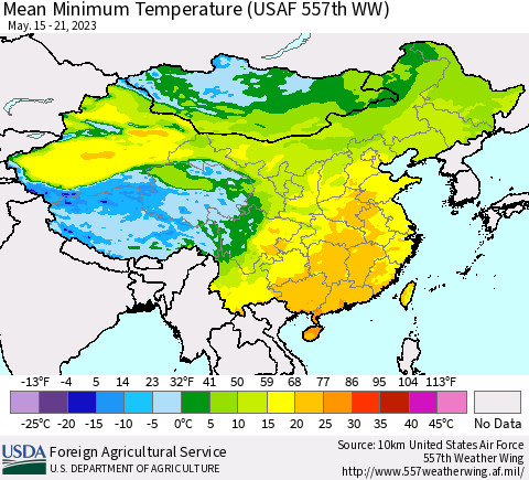 China, Mongolia and Taiwan Mean Minimum Temperature (USAF 557th WW) Thematic Map For 5/15/2023 - 5/21/2023
