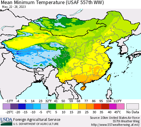 China, Mongolia and Taiwan Mean Minimum Temperature (USAF 557th WW) Thematic Map For 5/22/2023 - 5/28/2023