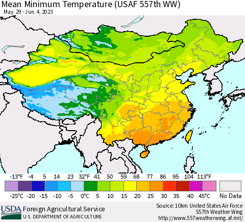 China, Mongolia and Taiwan Mean Minimum Temperature (USAF 557th WW) Thematic Map For 5/29/2023 - 6/4/2023