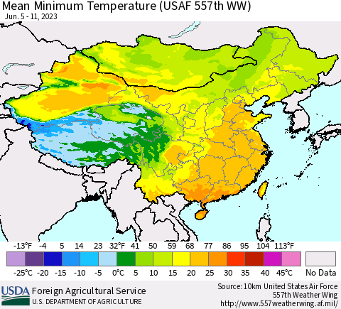China, Mongolia and Taiwan Mean Minimum Temperature (USAF 557th WW) Thematic Map For 6/5/2023 - 6/11/2023