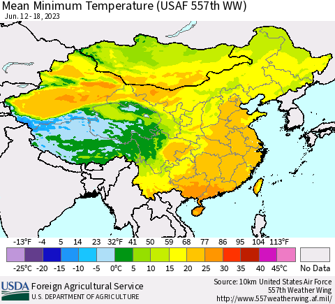 China, Mongolia and Taiwan Mean Minimum Temperature (USAF 557th WW) Thematic Map For 6/12/2023 - 6/18/2023