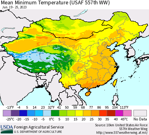 China, Mongolia and Taiwan Mean Minimum Temperature (USAF 557th WW) Thematic Map For 6/19/2023 - 6/25/2023