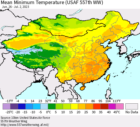 China, Mongolia and Taiwan Mean Minimum Temperature (USAF 557th WW) Thematic Map For 6/26/2023 - 7/2/2023