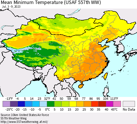 China, Mongolia and Taiwan Mean Minimum Temperature (USAF 557th WW) Thematic Map For 7/3/2023 - 7/9/2023