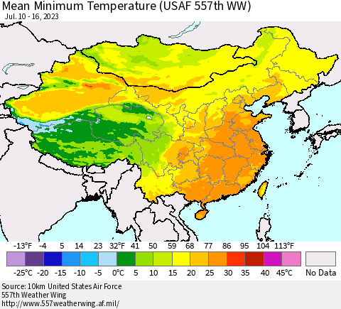 China, Mongolia and Taiwan Mean Minimum Temperature (USAF 557th WW) Thematic Map For 7/10/2023 - 7/16/2023