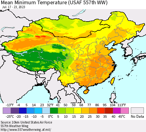 China, Mongolia and Taiwan Mean Minimum Temperature (USAF 557th WW) Thematic Map For 7/17/2023 - 7/23/2023