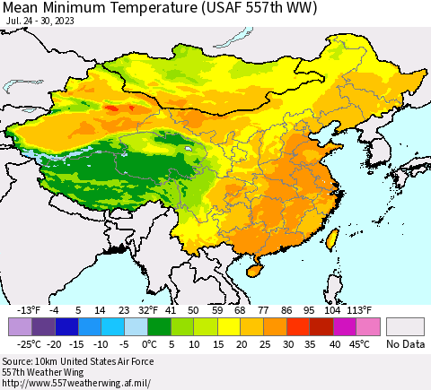 China, Mongolia and Taiwan Mean Minimum Temperature (USAF 557th WW) Thematic Map For 7/24/2023 - 7/30/2023