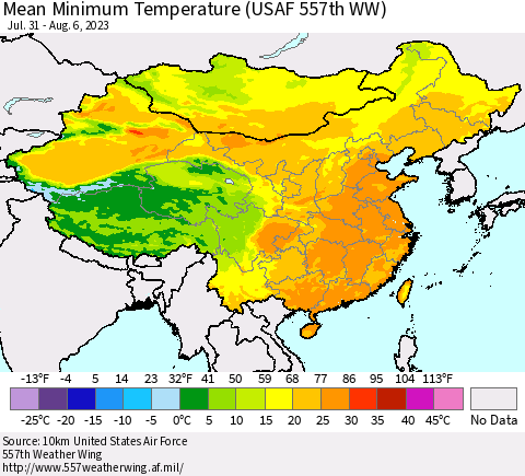 China, Mongolia and Taiwan Mean Minimum Temperature (USAF 557th WW) Thematic Map For 7/31/2023 - 8/6/2023
