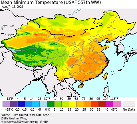 China, Mongolia and Taiwan Mean Minimum Temperature (USAF 557th WW) Thematic Map For 8/7/2023 - 8/13/2023