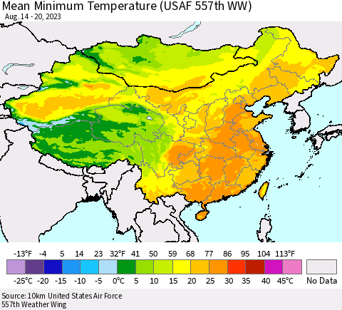 China, Mongolia and Taiwan Mean Minimum Temperature (USAF 557th WW) Thematic Map For 8/14/2023 - 8/20/2023