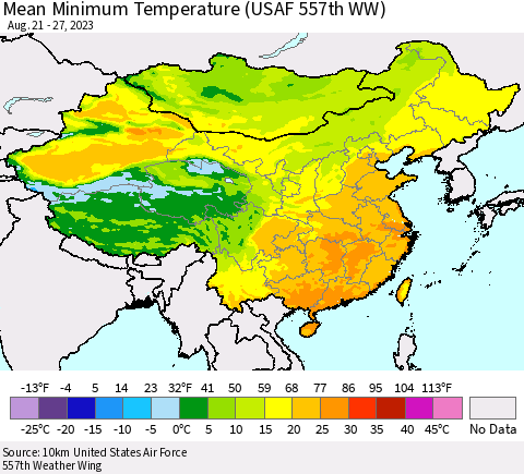 China, Mongolia and Taiwan Mean Minimum Temperature (USAF 557th WW) Thematic Map For 8/21/2023 - 8/27/2023