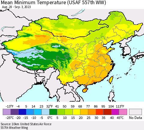 China, Mongolia and Taiwan Mean Minimum Temperature (USAF 557th WW) Thematic Map For 8/28/2023 - 9/3/2023