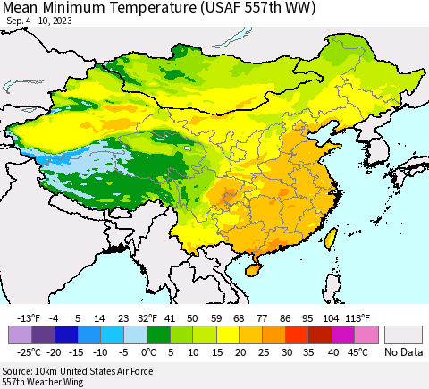 China, Mongolia and Taiwan Mean Minimum Temperature (USAF 557th WW) Thematic Map For 9/4/2023 - 9/10/2023