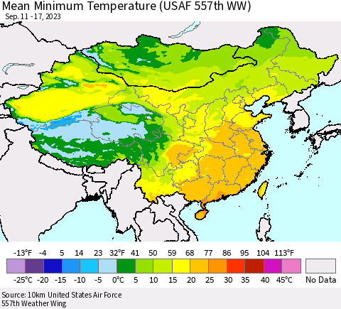 China, Mongolia and Taiwan Mean Minimum Temperature (USAF 557th WW) Thematic Map For 9/11/2023 - 9/17/2023