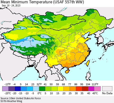 China, Mongolia and Taiwan Mean Minimum Temperature (USAF 557th WW) Thematic Map For 9/18/2023 - 9/24/2023