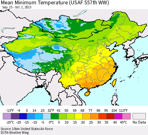 China, Mongolia and Taiwan Mean Minimum Temperature (USAF 557th WW) Thematic Map For 9/25/2023 - 10/1/2023