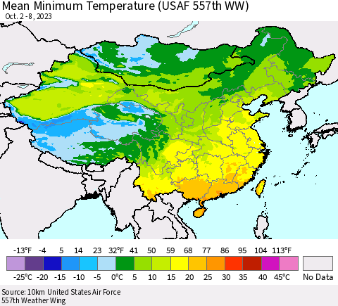 China, Mongolia and Taiwan Mean Minimum Temperature (USAF 557th WW) Thematic Map For 10/2/2023 - 10/8/2023