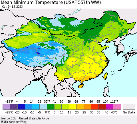 China, Mongolia and Taiwan Mean Minimum Temperature (USAF 557th WW) Thematic Map For 10/9/2023 - 10/15/2023
