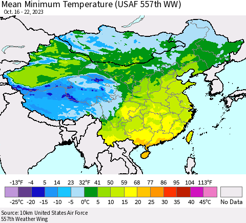 China, Mongolia and Taiwan Mean Minimum Temperature (USAF 557th WW) Thematic Map For 10/16/2023 - 10/22/2023