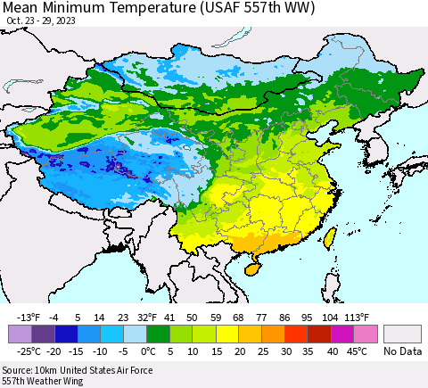 China, Mongolia and Taiwan Mean Minimum Temperature (USAF 557th WW) Thematic Map For 10/23/2023 - 10/29/2023