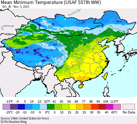 China, Mongolia and Taiwan Mean Minimum Temperature (USAF 557th WW) Thematic Map For 10/30/2023 - 11/5/2023