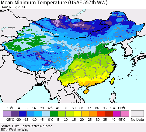 China, Mongolia and Taiwan Mean Minimum Temperature (USAF 557th WW) Thematic Map For 11/6/2023 - 11/12/2023