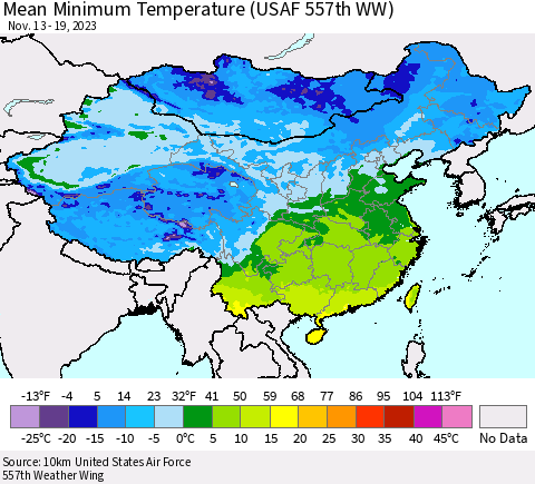 China, Mongolia and Taiwan Mean Minimum Temperature (USAF 557th WW) Thematic Map For 11/13/2023 - 11/19/2023