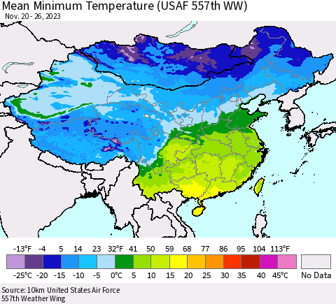 China, Mongolia and Taiwan Mean Minimum Temperature (USAF 557th WW) Thematic Map For 11/20/2023 - 11/26/2023