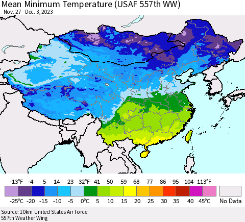 China, Mongolia and Taiwan Mean Minimum Temperature (USAF 557th WW) Thematic Map For 11/27/2023 - 12/3/2023