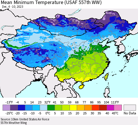 China, Mongolia and Taiwan Mean Minimum Temperature (USAF 557th WW) Thematic Map For 12/4/2023 - 12/10/2023