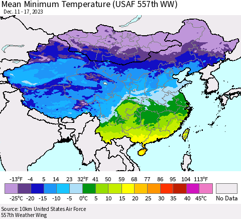 China, Mongolia and Taiwan Mean Minimum Temperature (USAF 557th WW) Thematic Map For 12/11/2023 - 12/17/2023