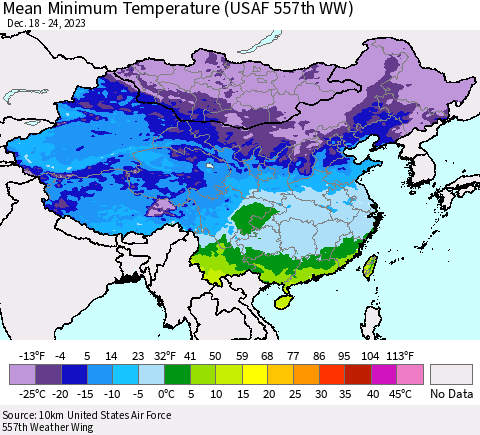 China, Mongolia and Taiwan Mean Minimum Temperature (USAF 557th WW) Thematic Map For 12/18/2023 - 12/24/2023