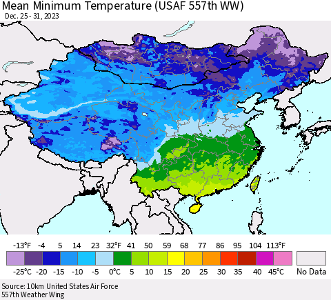 China, Mongolia and Taiwan Mean Minimum Temperature (USAF 557th WW) Thematic Map For 12/25/2023 - 12/31/2023
