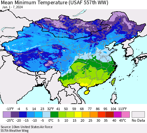 China, Mongolia and Taiwan Mean Minimum Temperature (USAF 557th WW) Thematic Map For 1/1/2024 - 1/7/2024