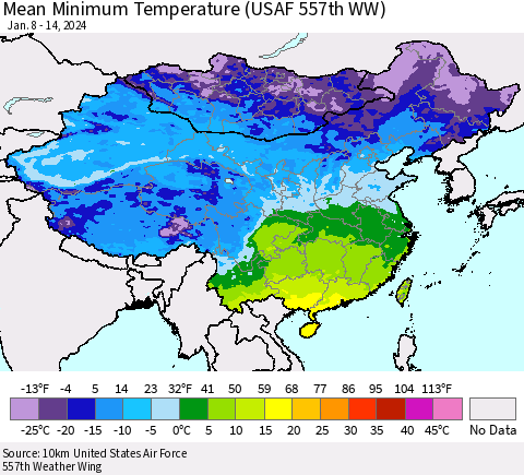 China, Mongolia and Taiwan Mean Minimum Temperature (USAF 557th WW) Thematic Map For 1/8/2024 - 1/14/2024