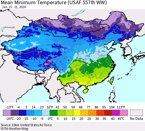 China, Mongolia and Taiwan Mean Minimum Temperature (USAF 557th WW) Thematic Map For 1/15/2024 - 1/21/2024