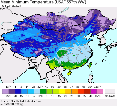China, Mongolia and Taiwan Mean Minimum Temperature (USAF 557th WW) Thematic Map For 1/22/2024 - 1/28/2024