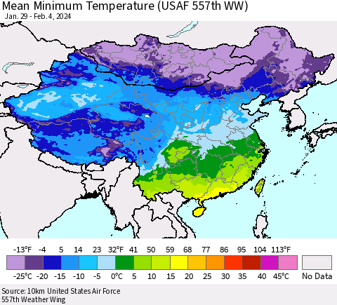 China, Mongolia and Taiwan Mean Minimum Temperature (USAF 557th WW) Thematic Map For 1/29/2024 - 2/4/2024