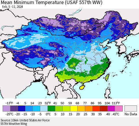 China, Mongolia and Taiwan Mean Minimum Temperature (USAF 557th WW) Thematic Map For 2/5/2024 - 2/11/2024