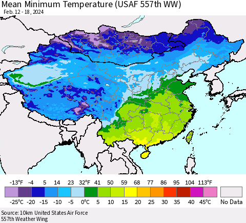 China, Mongolia and Taiwan Mean Minimum Temperature (USAF 557th WW) Thematic Map For 2/12/2024 - 2/18/2024