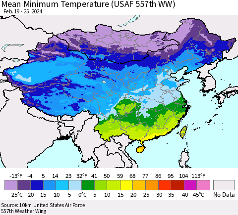 China, Mongolia and Taiwan Mean Minimum Temperature (USAF 557th WW) Thematic Map For 2/19/2024 - 2/25/2024