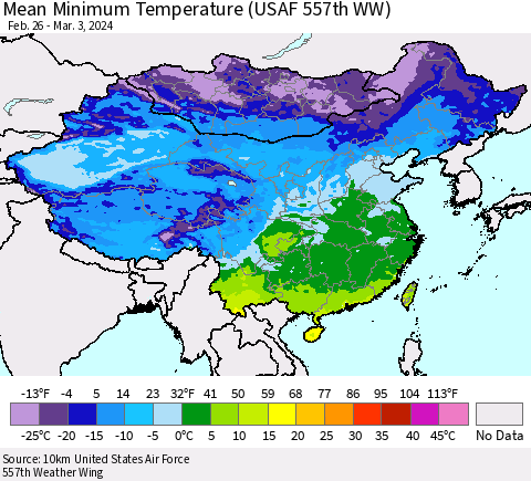 China, Mongolia and Taiwan Mean Minimum Temperature (USAF 557th WW) Thematic Map For 2/26/2024 - 3/3/2024