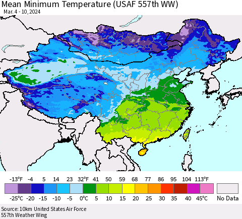 China, Mongolia and Taiwan Mean Minimum Temperature (USAF 557th WW) Thematic Map For 3/4/2024 - 3/10/2024