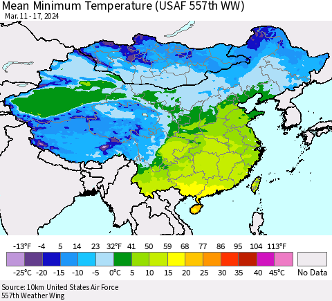 China, Mongolia and Taiwan Mean Minimum Temperature (USAF 557th WW) Thematic Map For 3/11/2024 - 3/17/2024