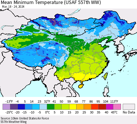 China, Mongolia and Taiwan Mean Minimum Temperature (USAF 557th WW) Thematic Map For 3/18/2024 - 3/24/2024